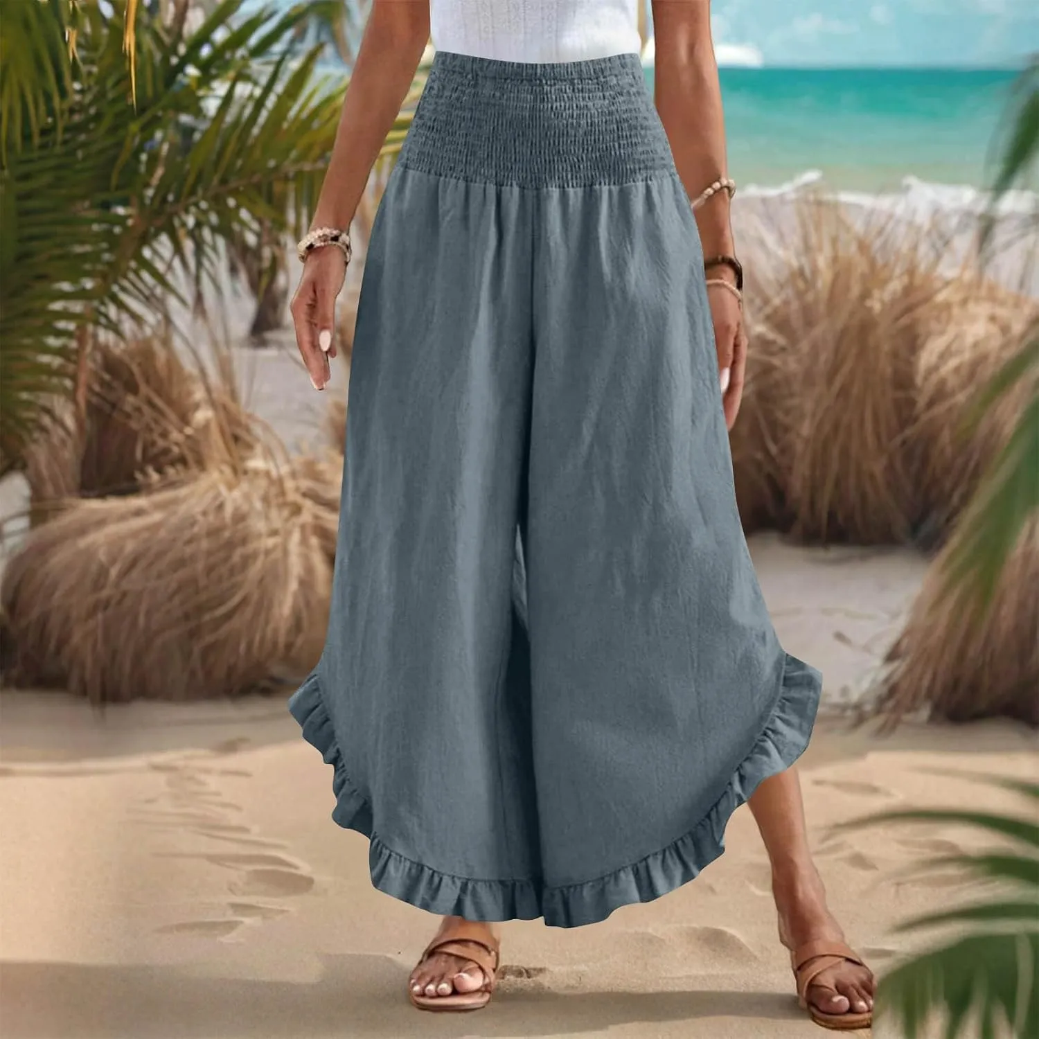 Womens Linen Pants Summer Wide Leg Pants Smocked Waist Ruffle Hem Palazzo Pant Flowy Beach Vacation Clothes with Pocket