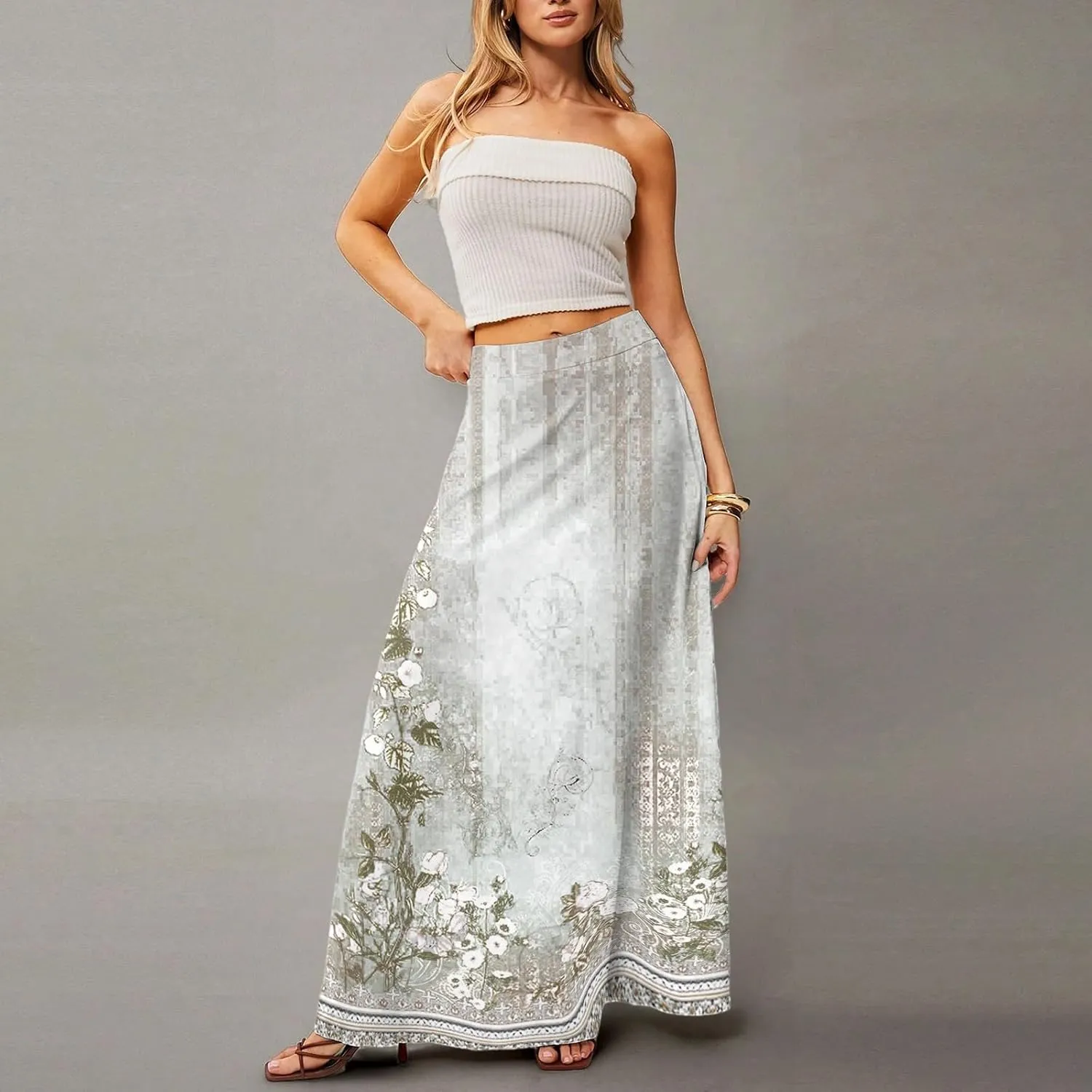 Women's Long Skirts Fall High Waisted Stretchy Vintage Floral Beach Swing Maxi Skirt 2025, S-2XL
