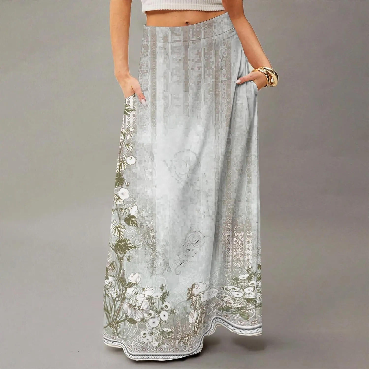 Women's Long Skirts Fall High Waisted Stretchy Vintage Floral Beach Swing Maxi Skirt 2025, S-2XL