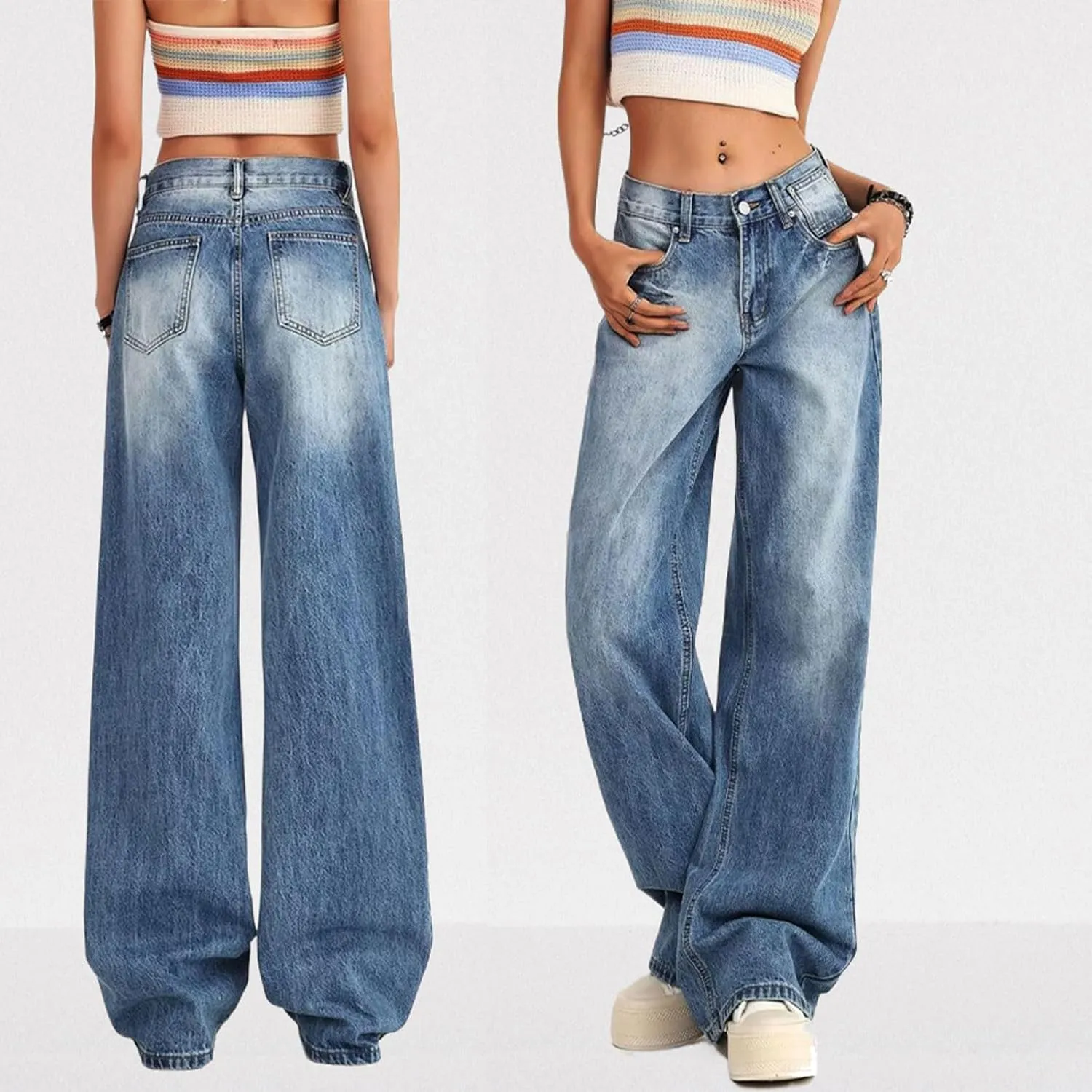 Women's Low Rise Baggy Jeans Washed Straight Wide Leg Denim Pants Casual Loose Boyfriend Jean Streewear Trousers