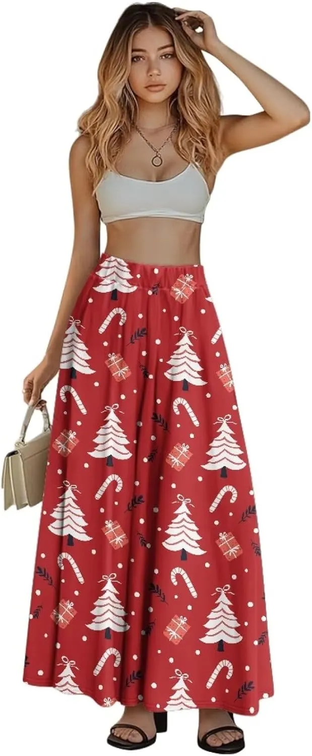 Womens Maxi Skirts High Waisted Flowy Ruffle Casual Swing Skirts Flared Casual A-Line Pleated Skirts for Women