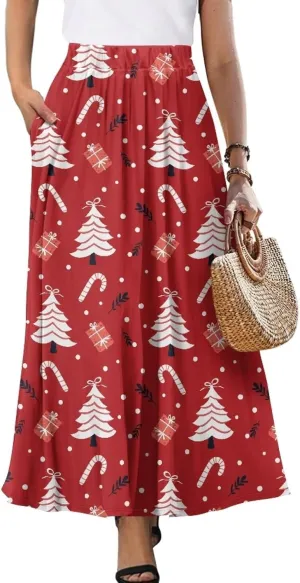 Womens Maxi Skirts High Waisted Flowy Ruffle Casual Swing Skirts Flared Casual A-Line Pleated Skirts for Women