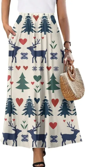 Womens Maxi Skirts High Waisted Flowy Ruffle Casual Swing Skirts Flared Casual A-Line Pleated Skirts for Women
