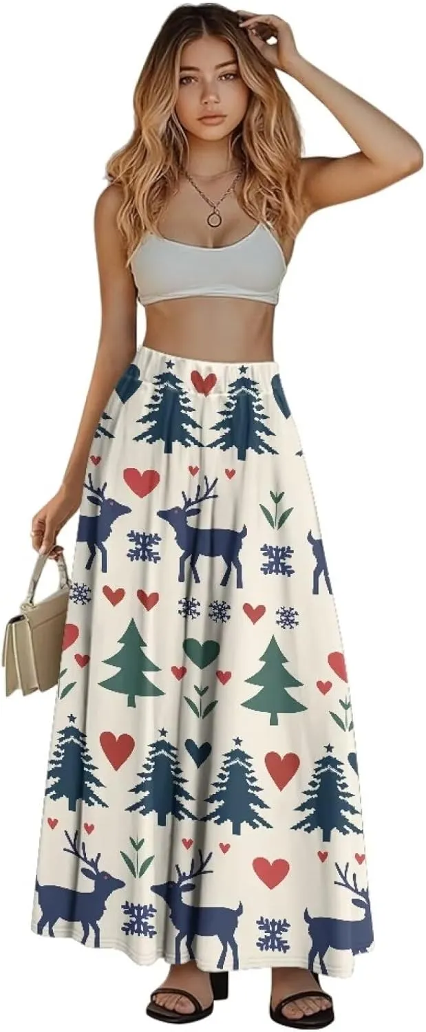 Womens Maxi Skirts High Waisted Flowy Ruffle Casual Swing Skirts Flared Casual A-Line Pleated Skirts for Women