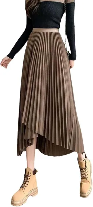 Women's Midi Pleated Skirts Asymmetrical Slim Elastic Waist Vintage Korean A-Line Black Chic