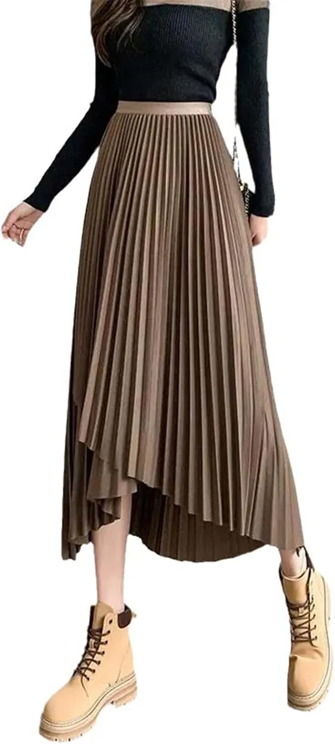 Women's Midi Pleated Skirts Asymmetrical Slim Elastic Waist Vintage Korean A-Line Black Chic