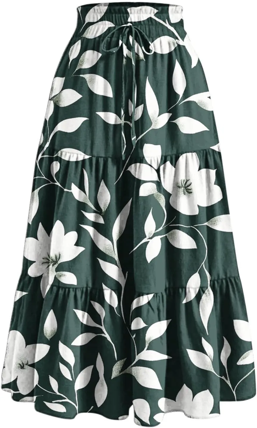 Womens Midi Skirts Trendy Loose Stretch Floral Print Boho Skirts Elastic High Waist A-Line Pleated Flowy Maxi Skirt