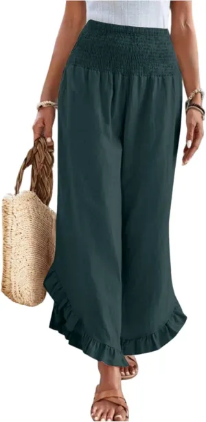 Women's Palazzo Pants Casual Summer Smocked Waisted Linen Pants Trendy Ruffle Hem Wide Leg Trousers Loose Beach Pant
