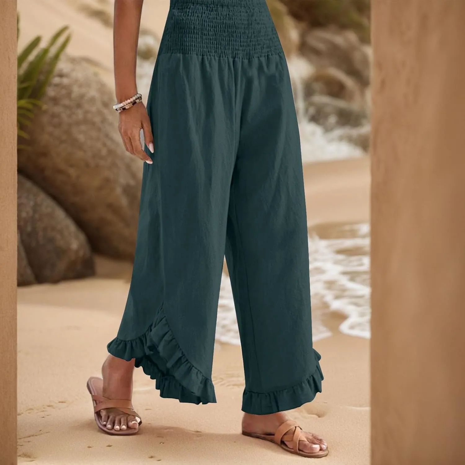 Women's Palazzo Pants Casual Summer Smocked Waisted Linen Pants Trendy Ruffle Hem Wide Leg Trousers Loose Beach Pant