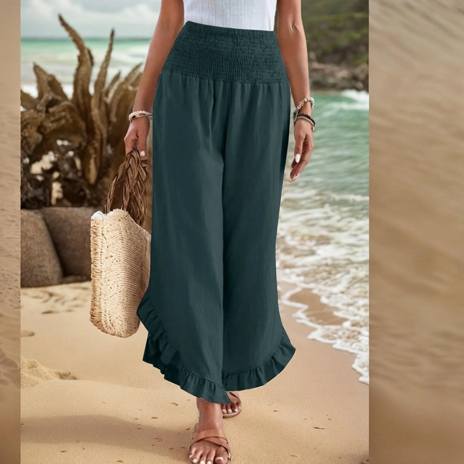 Women's Palazzo Pants Casual Summer Smocked Waisted Linen Pants Trendy Ruffle Hem Wide Leg Trousers Loose Beach Pant