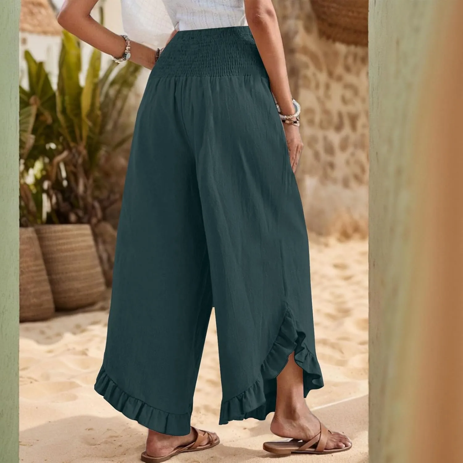 Women's Palazzo Pants Casual Summer Smocked Waisted Linen Pants Trendy Ruffle Hem Wide Leg Trousers Loose Beach Pant