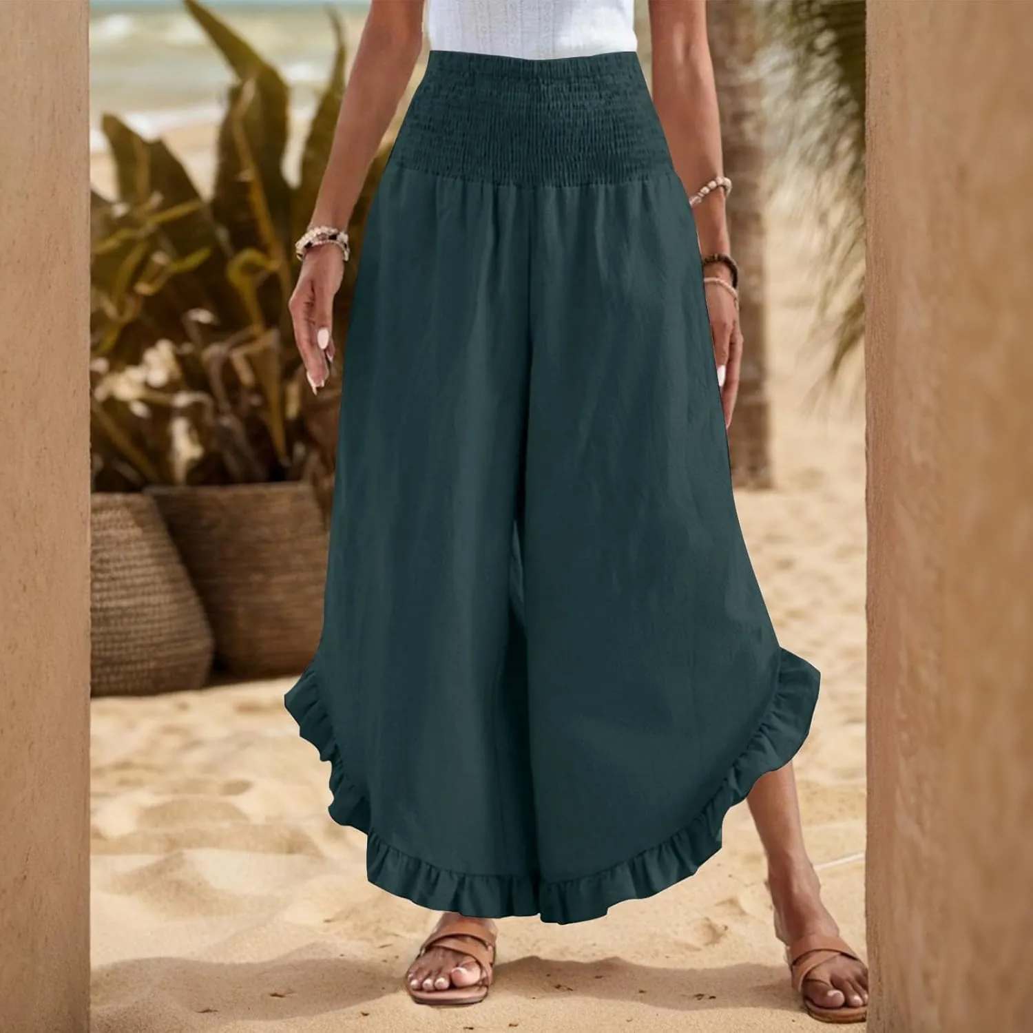 Women's Palazzo Pants Casual Summer Smocked Waisted Linen Pants Trendy Ruffle Hem Wide Leg Trousers Loose Beach Pant