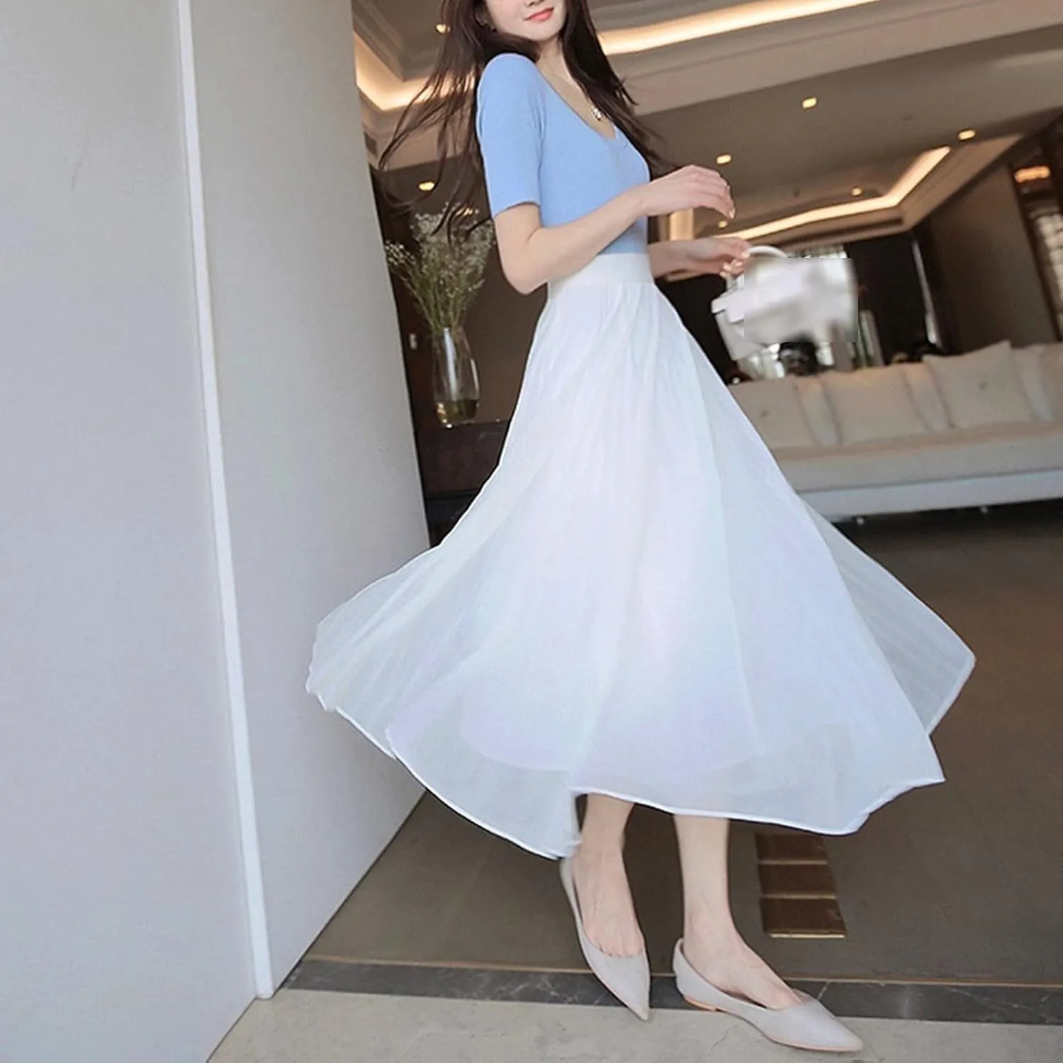 Women's Pleated Midi Skirts High Elastic Waist Party A-Line Skirt Elegant Ruched Summer Casual Swing Maxi Skirt