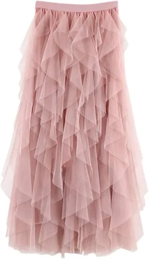 Women's Pleated Skirt Midi Swing Skirt Double-Layered Mesh Midi Skirt Elastic High Waist Swing A-Line Tulle Skirt