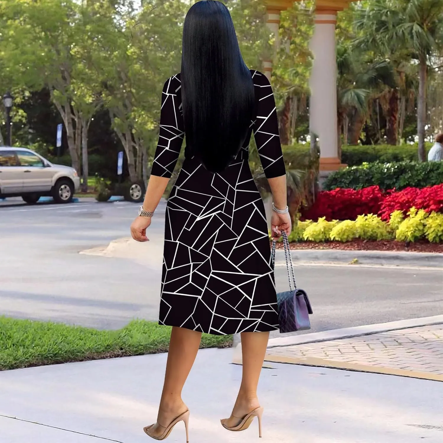 Womens Plus Size Summer Dresses Sexy V Neck Midi Dress Faux Wrap Dress 3/4 Sleeve Boho Casual Floral A-Line Skirts