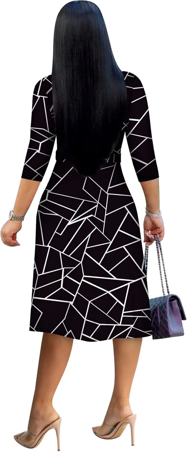 Womens Plus Size Summer Dresses Sexy V Neck Midi Dress Faux Wrap Dress 3/4 Sleeve Boho Casual Floral A-Line Skirts