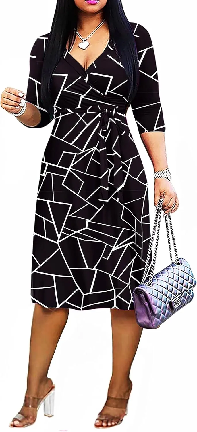 Womens Plus Size Summer Dresses Sexy V Neck Midi Dress Faux Wrap Dress 3/4 Sleeve Boho Casual Floral A-Line Skirts