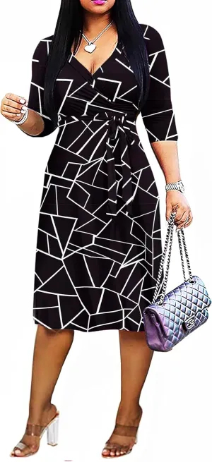 Womens Plus Size Summer Dresses Sexy V Neck Midi Dress Faux Wrap Dress 3/4 Sleeve Boho Casual Floral A-Line Skirts