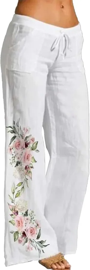Women's Print Wide Leg Pants Elastic High Waist Palazzo Pants Linen Lounge Casual Trousers Summer Boho Beach