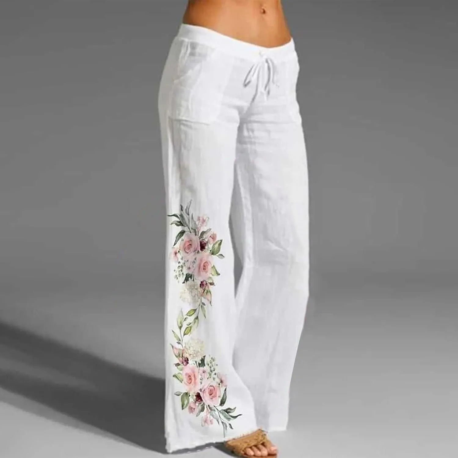 Women's Print Wide Leg Pants Elastic High Waist Palazzo Pants Linen Lounge Casual Trousers Summer Boho Beach