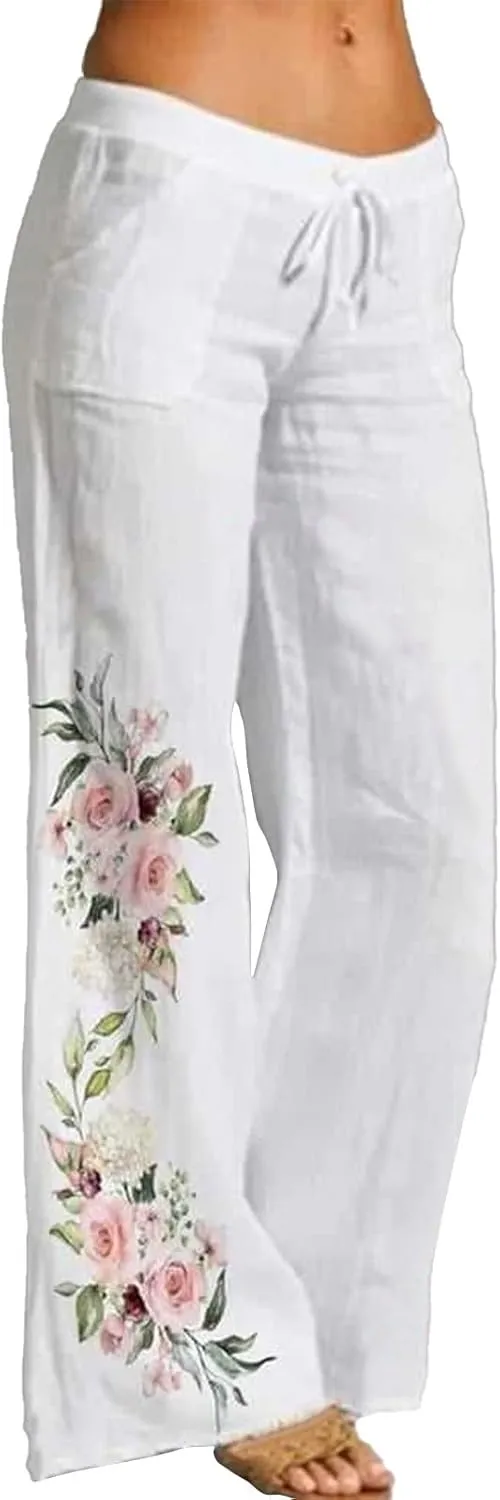 Women's Print Wide Leg Pants Elastic High Waist Palazzo Pants Linen Lounge Casual Trousers Summer Boho Beach