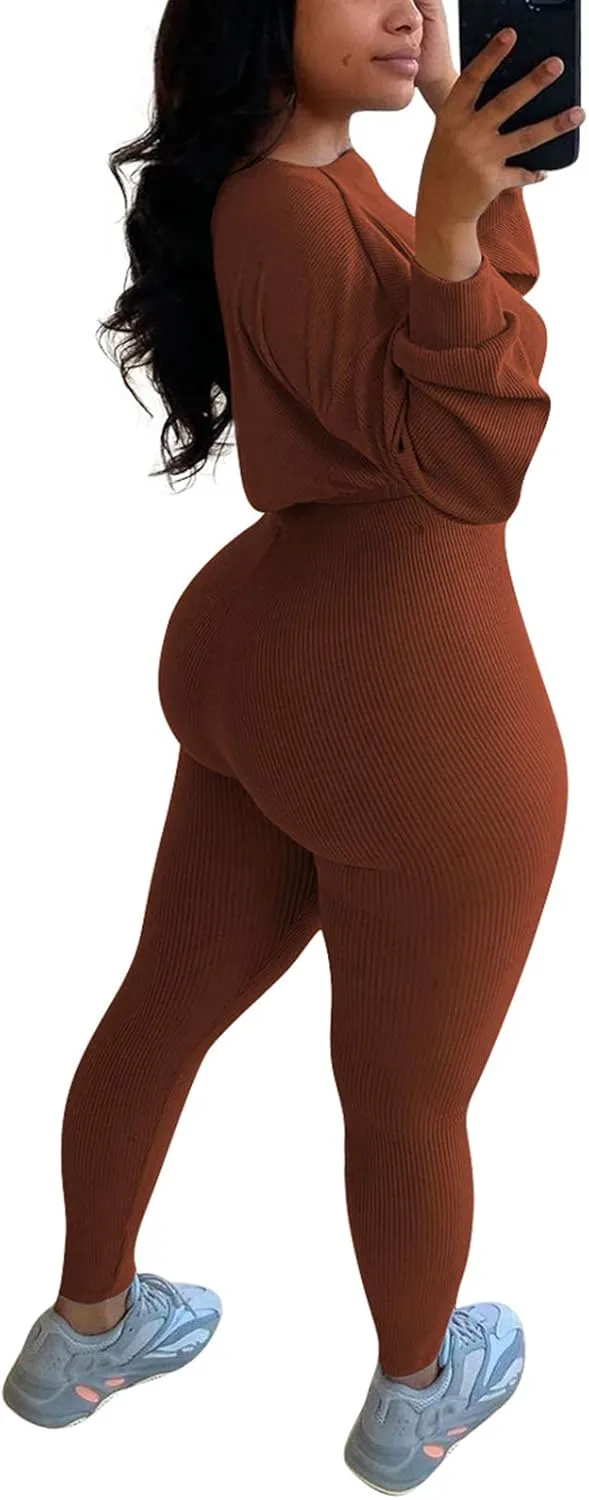 Womens Ribbed 2 Piece Outfits Long Sleeve Crop Top Pullover Skinny Long Pants Sweatsuits Set Tracksuit