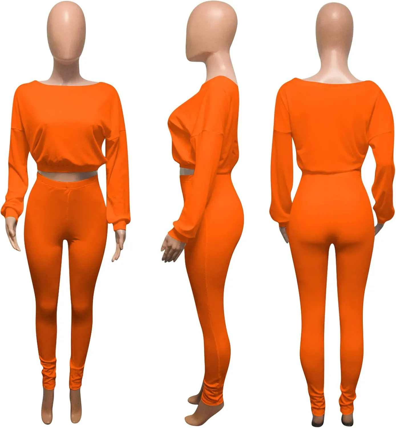 Womens Ribbed 2 Piece Outfits Long Sleeve Crop Top Pullover Skinny Long Pants Sweatsuits Set Tracksuit