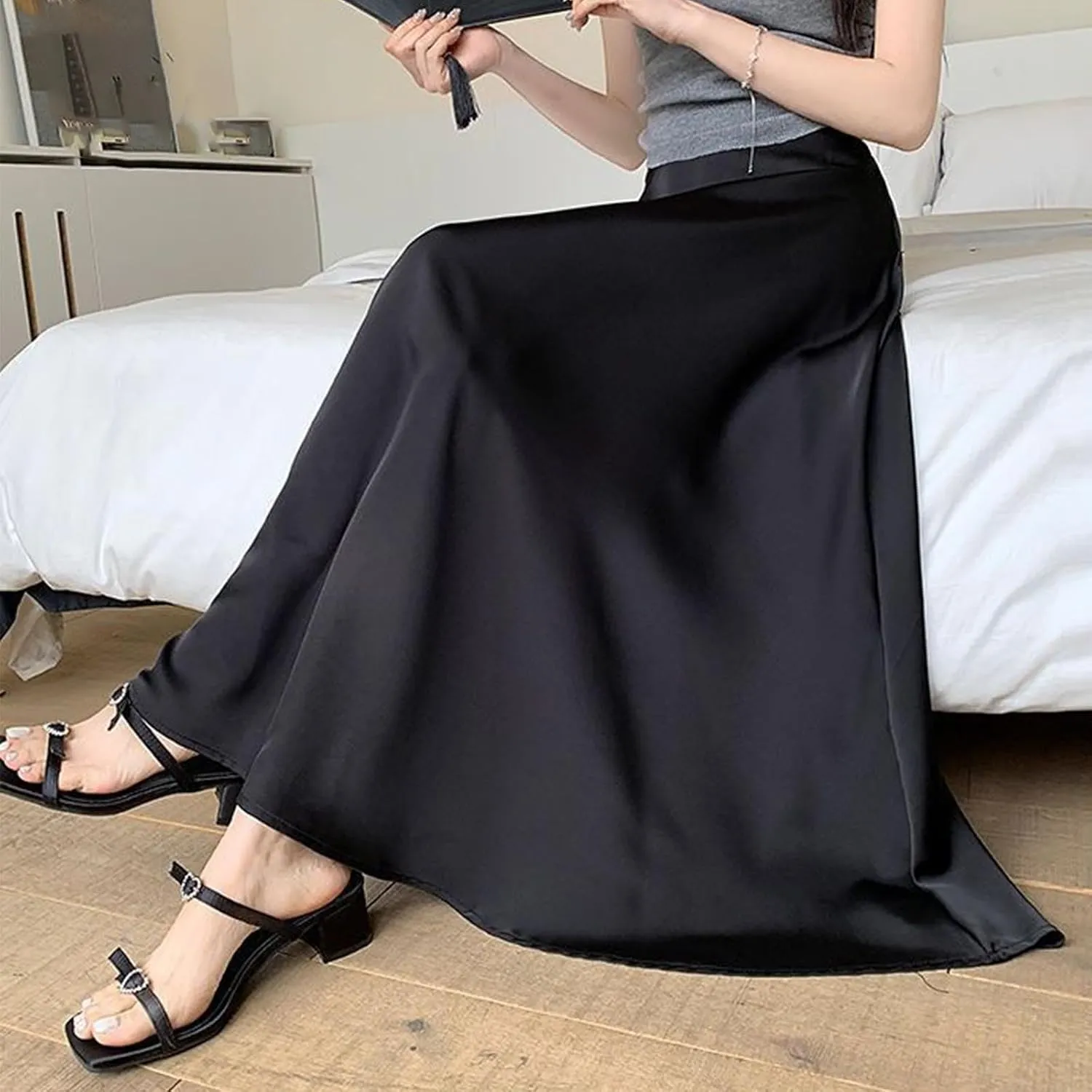 Womens Satin High Waisted Maxi Skirts 2025 Elegant Flowy Cocktail Party Wedding Dress Silk Casual A-Line Long Skirt