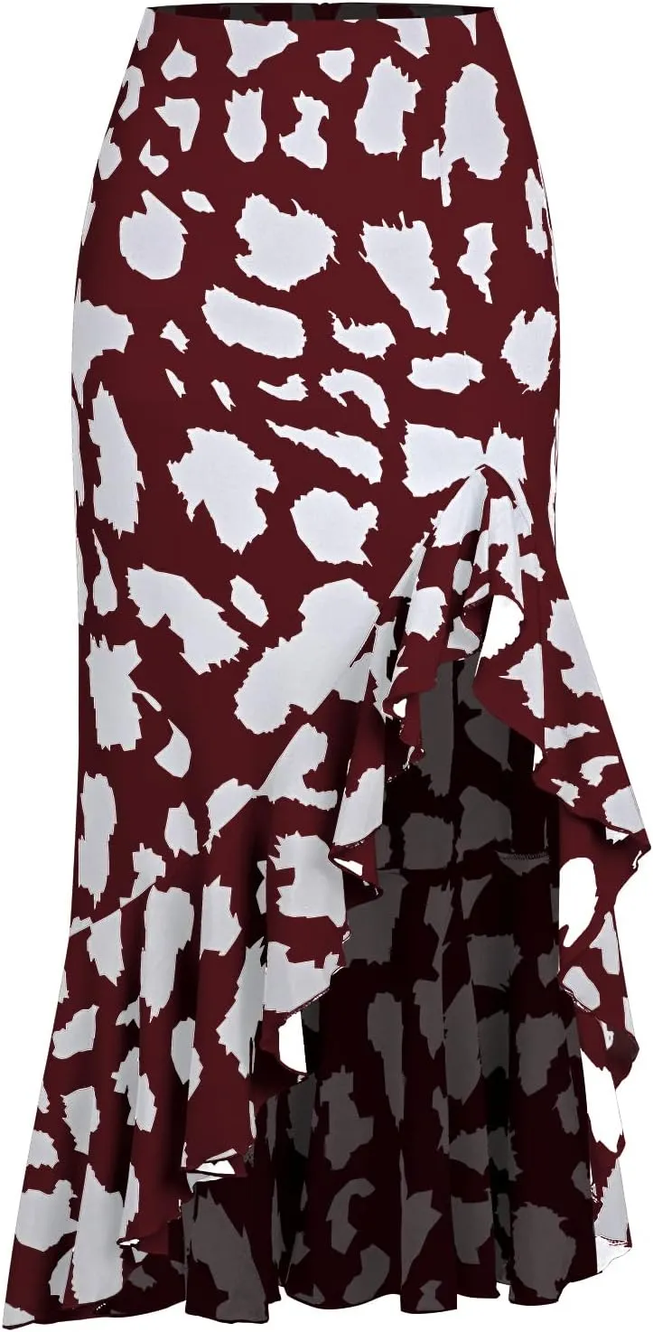 Women's Skirt Midi Length Ruffles Trim High Split Thigh Animal Printed Skirts Zipper Casual Swing Skirts