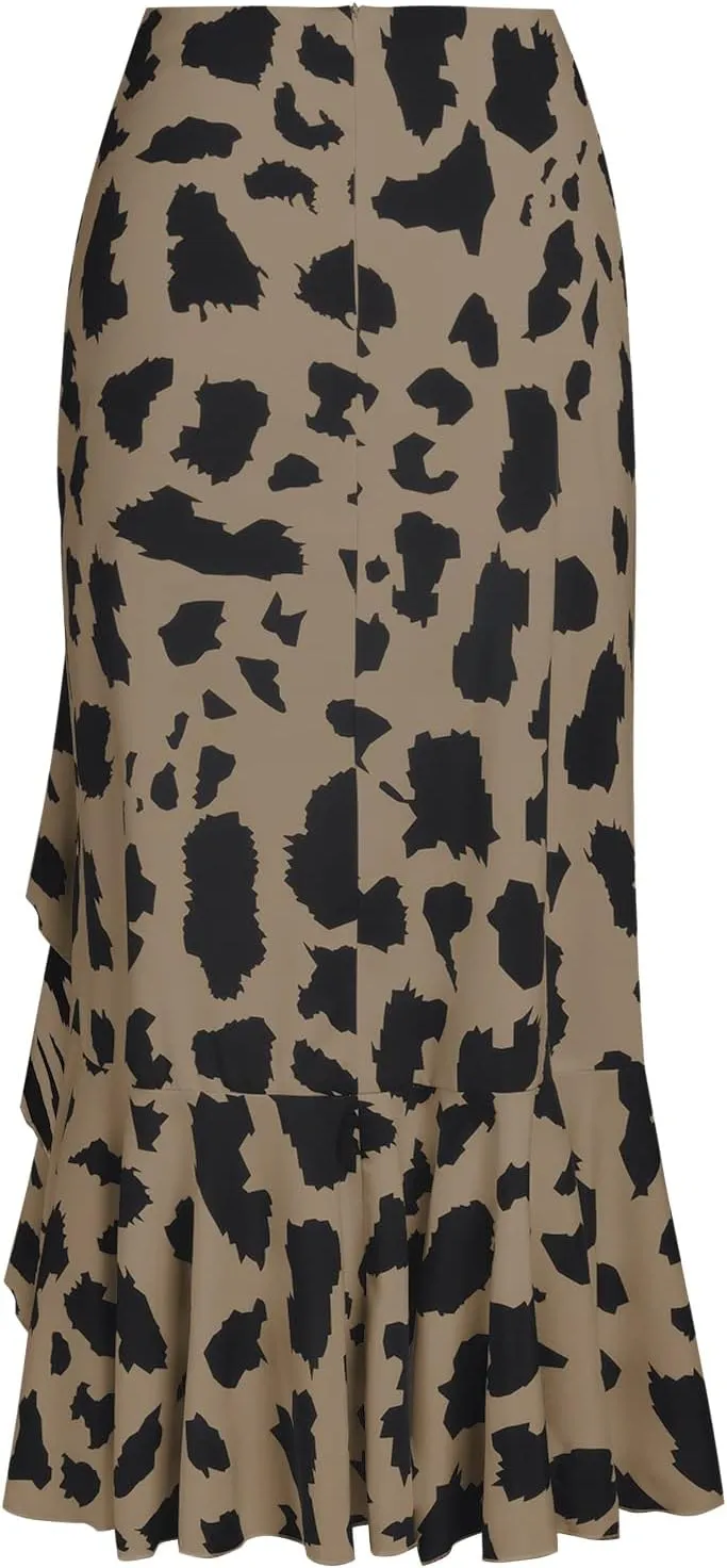Women's Skirt Midi Length Ruffles Trim High Split Thigh Animal Printed Skirts Zipper Casual Swing Skirts