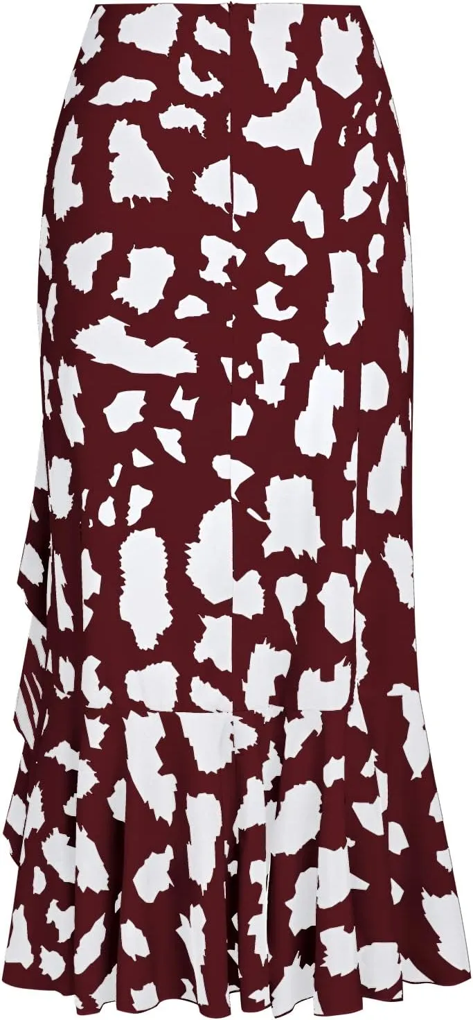 Women's Skirt Midi Length Ruffles Trim High Split Thigh Animal Printed Skirts Zipper Casual Swing Skirts