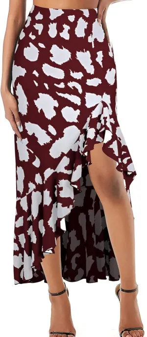 Women's Skirt Midi Length Ruffles Trim High Split Thigh Animal Printed Skirts Zipper Casual Swing Skirts