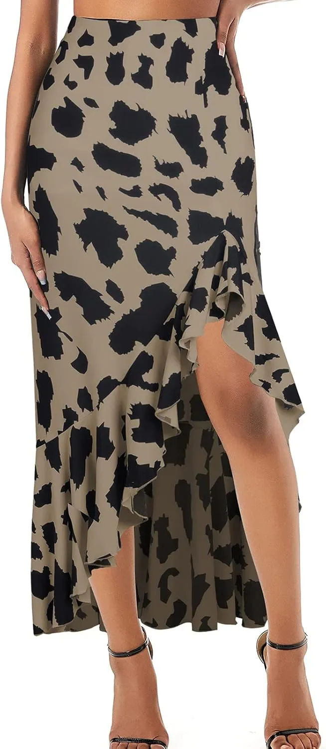 Women's Skirt Midi Length Ruffles Trim High Split Thigh Animal Printed Skirts Zipper Casual Swing Skirts