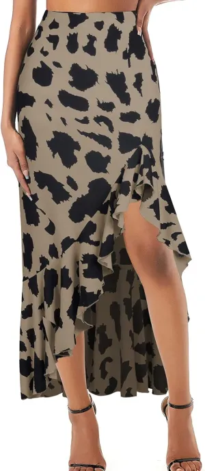 Women's Skirt Midi Length Ruffles Trim High Split Thigh Animal Printed Skirts Zipper Casual Swing Skirts