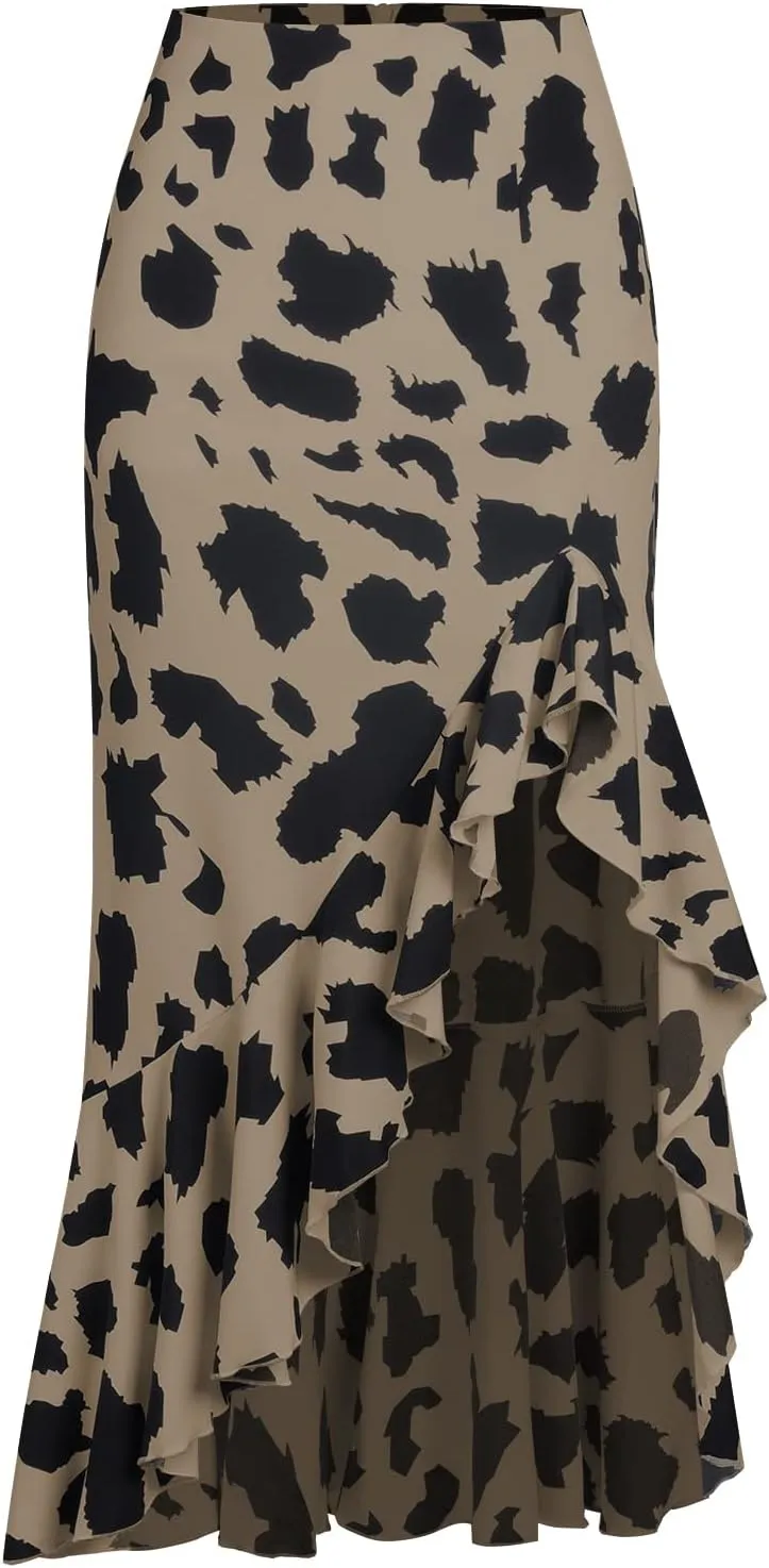Women's Skirt Midi Length Ruffles Trim High Split Thigh Animal Printed Skirts Zipper Casual Swing Skirts