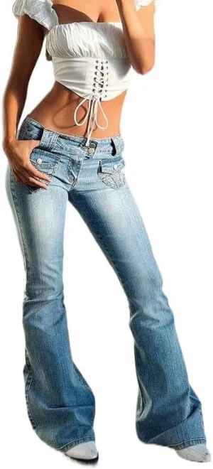 Women's Stretch Low Rise Double Button Elastic Skinny Vintage Flare Jeans