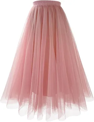 Women's Summer Casual Loose Trendy Elastic High Waist Solid Color Long Maxi Party Dance Fluffy Mesh Tulle Skirts 2025