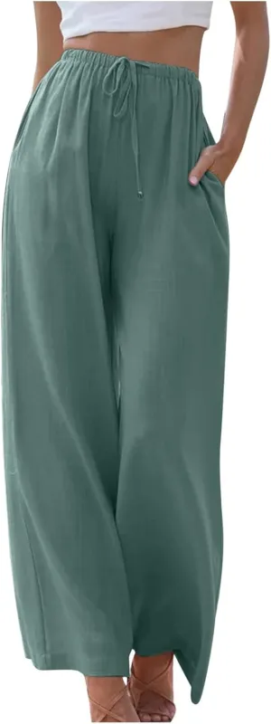 Womens Summer Linen Palazzo Pants Causal Elastic High Waist Flowy Wide Leg Pant Trousers Resort Wear Outfits 2024