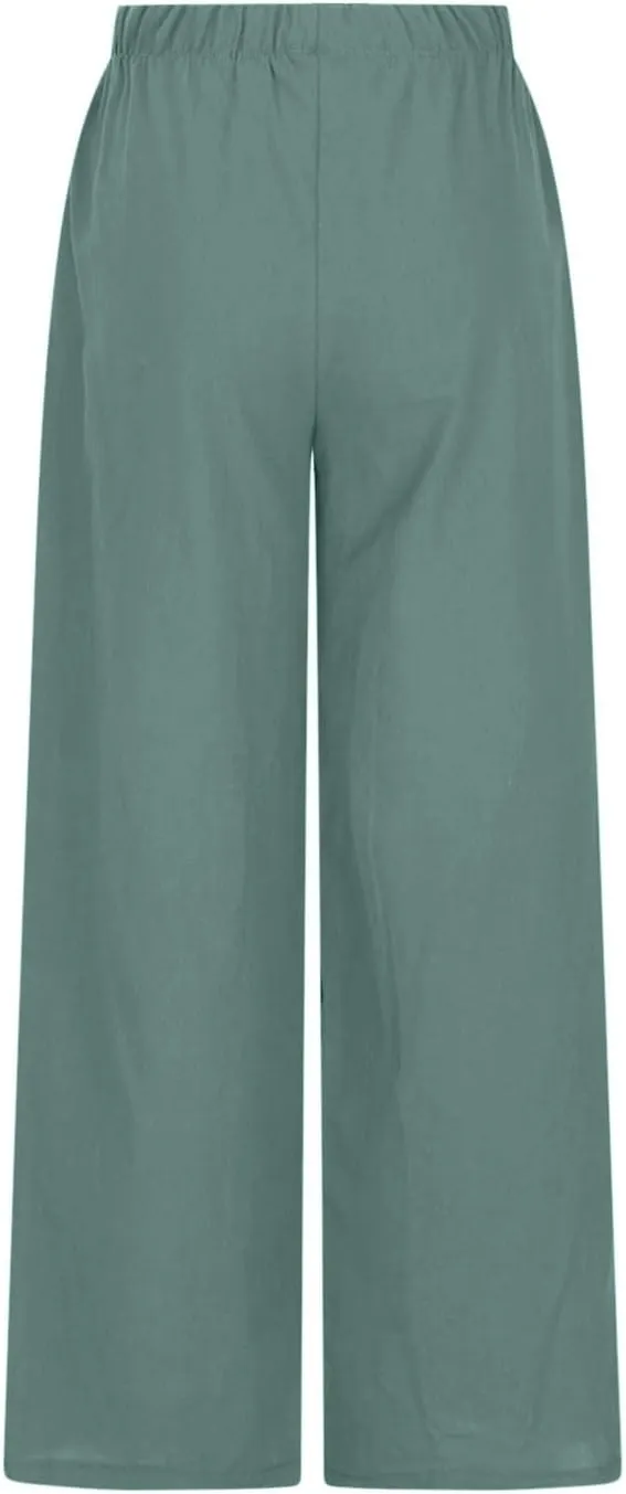 Womens Summer Linen Palazzo Pants Causal Elastic High Waist Flowy Wide Leg Pant Trousers Resort Wear Outfits 2024
