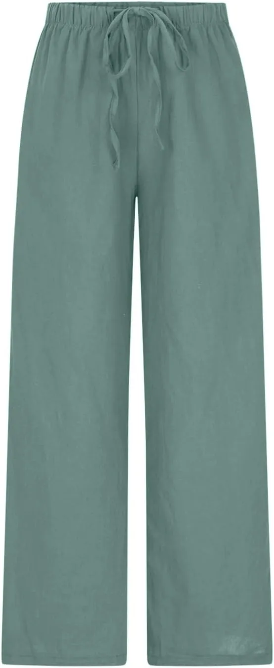 Womens Summer Linen Palazzo Pants Causal Elastic High Waist Flowy Wide Leg Pant Trousers Resort Wear Outfits 2024