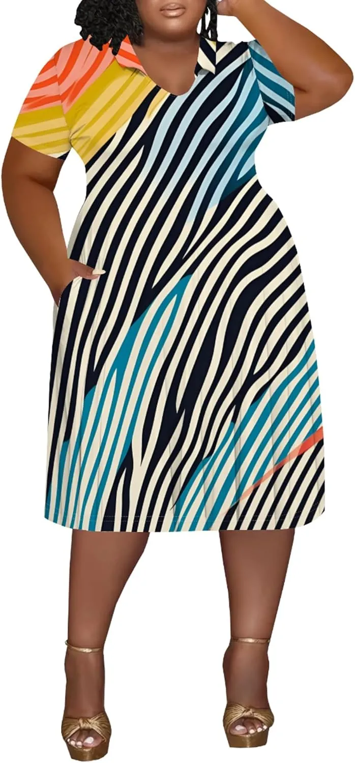 Women's Summer Sundress Short Sleeve Midi Tshirt Dresses Casual Floral Print Plus Size A-Line Tunic Dress with Pocket