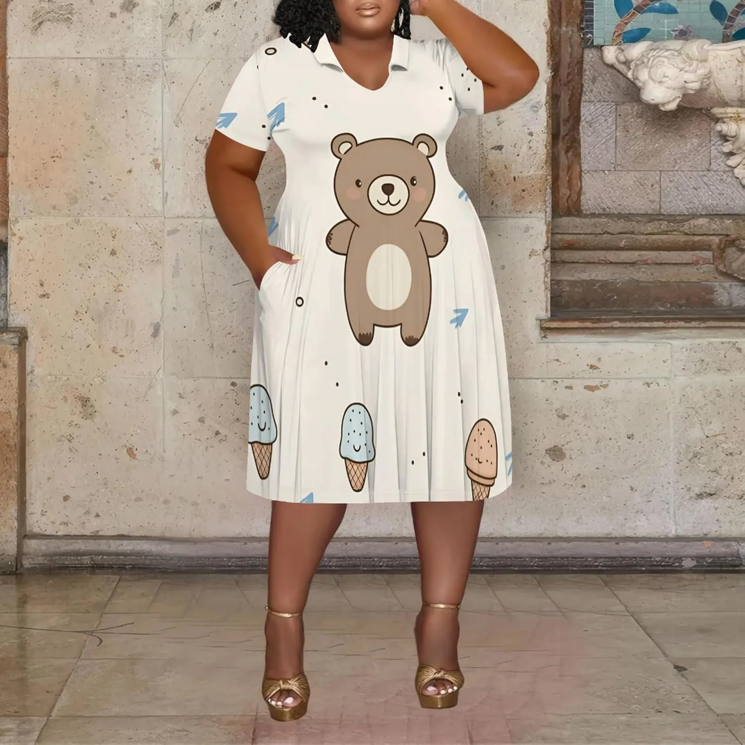Women's Summer Sundress Short Sleeve Midi Tshirt Dresses Casual Floral Print Plus Size A-Line Tunic Dress with Pocket