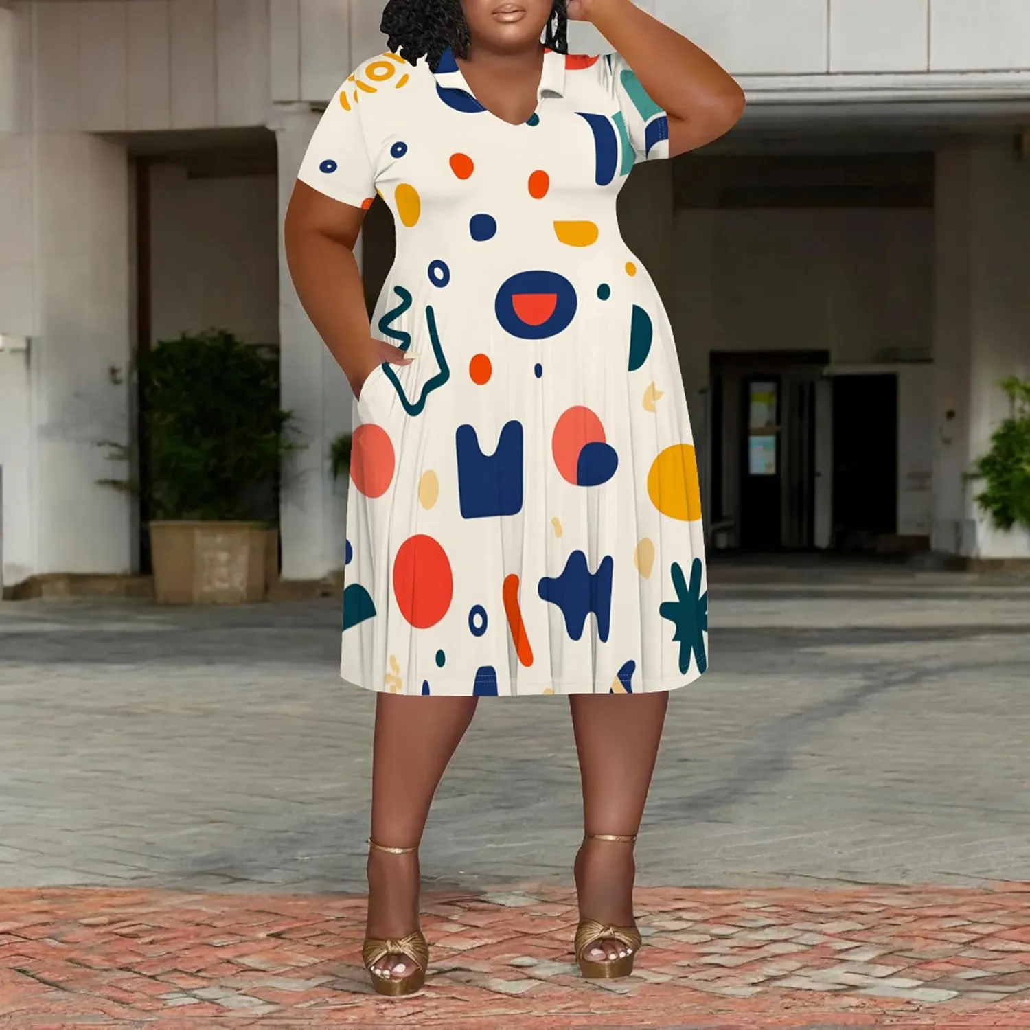 Women's Summer Sundress Short Sleeve Midi Tshirt Dresses Casual Floral Print Plus Size A-Line Tunic Dress with Pocket