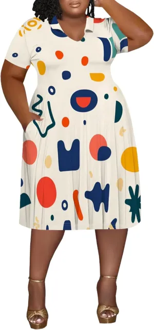 Women's Summer Sundress Short Sleeve Midi Tshirt Dresses Casual Floral Print Plus Size A-Line Tunic Dress with Pocket