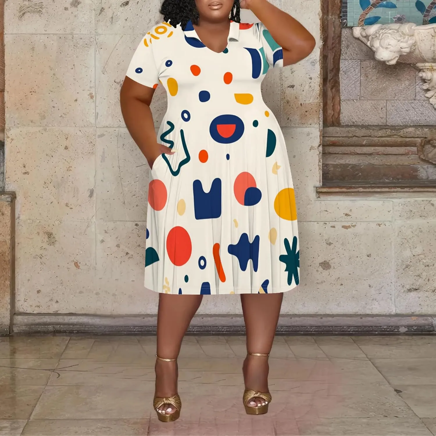 Women's Summer Sundress Short Sleeve Midi Tshirt Dresses Casual Floral Print Plus Size A-Line Tunic Dress with Pocket