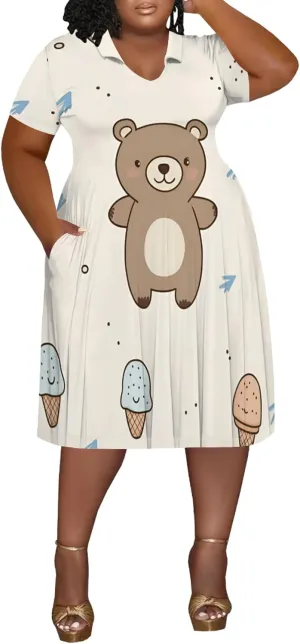 Women's Summer Sundress Short Sleeve Midi Tshirt Dresses Casual Floral Print Plus Size A-Line Tunic Dress with Pocket