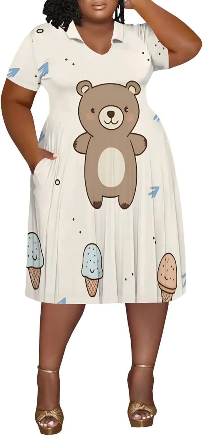 Women's Summer Sundress Short Sleeve Midi Tshirt Dresses Casual Floral Print Plus Size A-Line Tunic Dress with Pocket