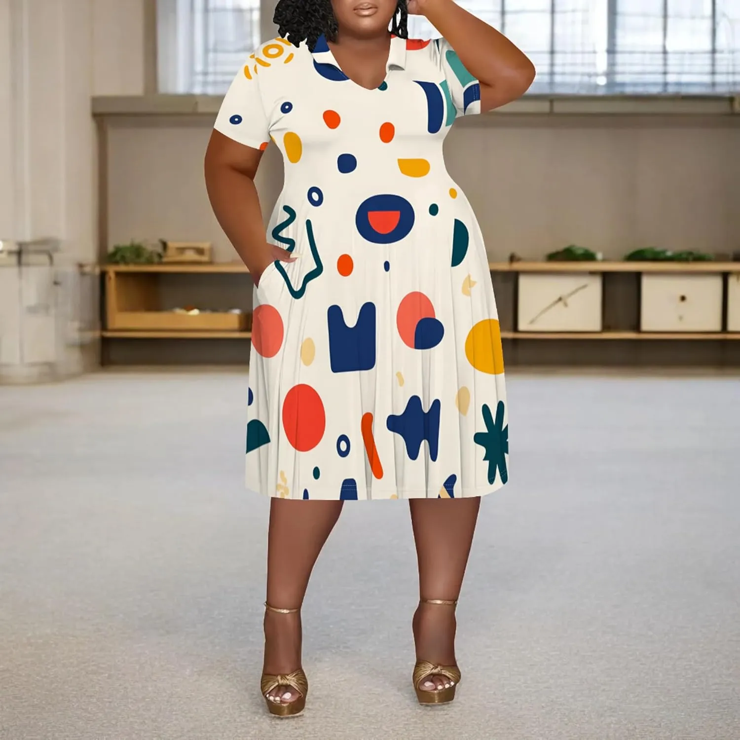 Women's Summer Sundress Short Sleeve Midi Tshirt Dresses Casual Floral Print Plus Size A-Line Tunic Dress with Pocket