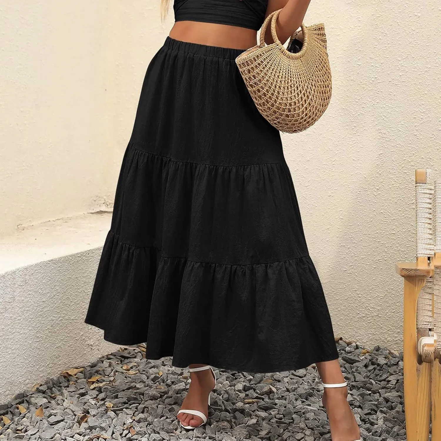 Womens Swing Ruffle Beach Pleated Elastic Summer with Pockets Boho Long Skirt and Top Set for Women High Rise Skirts