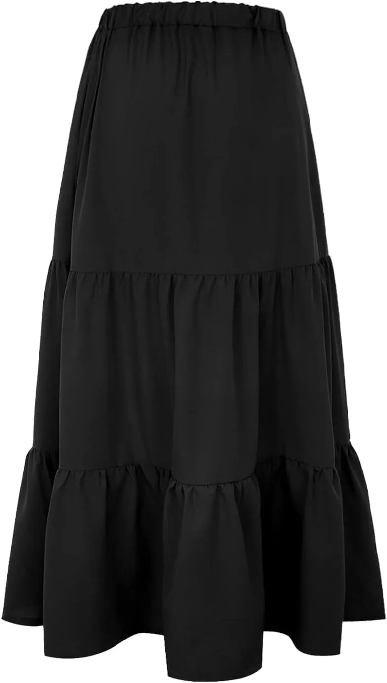 Womens Swing Ruffle Beach Pleated Elastic Summer with Pockets Boho Long Skirt and Top Set for Women High Rise Skirts